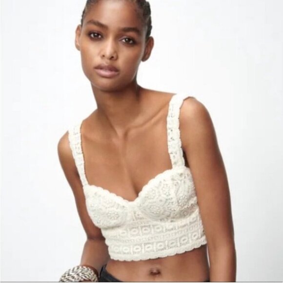 ZARA Tops - Zara Crochet Cream Ivory Crop Top Bralette Sweetheart Neckline Women’s Large